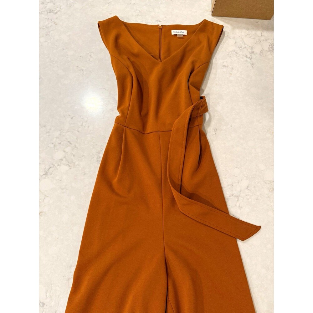 Calvin Klein Women’s 12 Solid V-Neck Sleeveless Belted Wide-Leg Jumpsuit